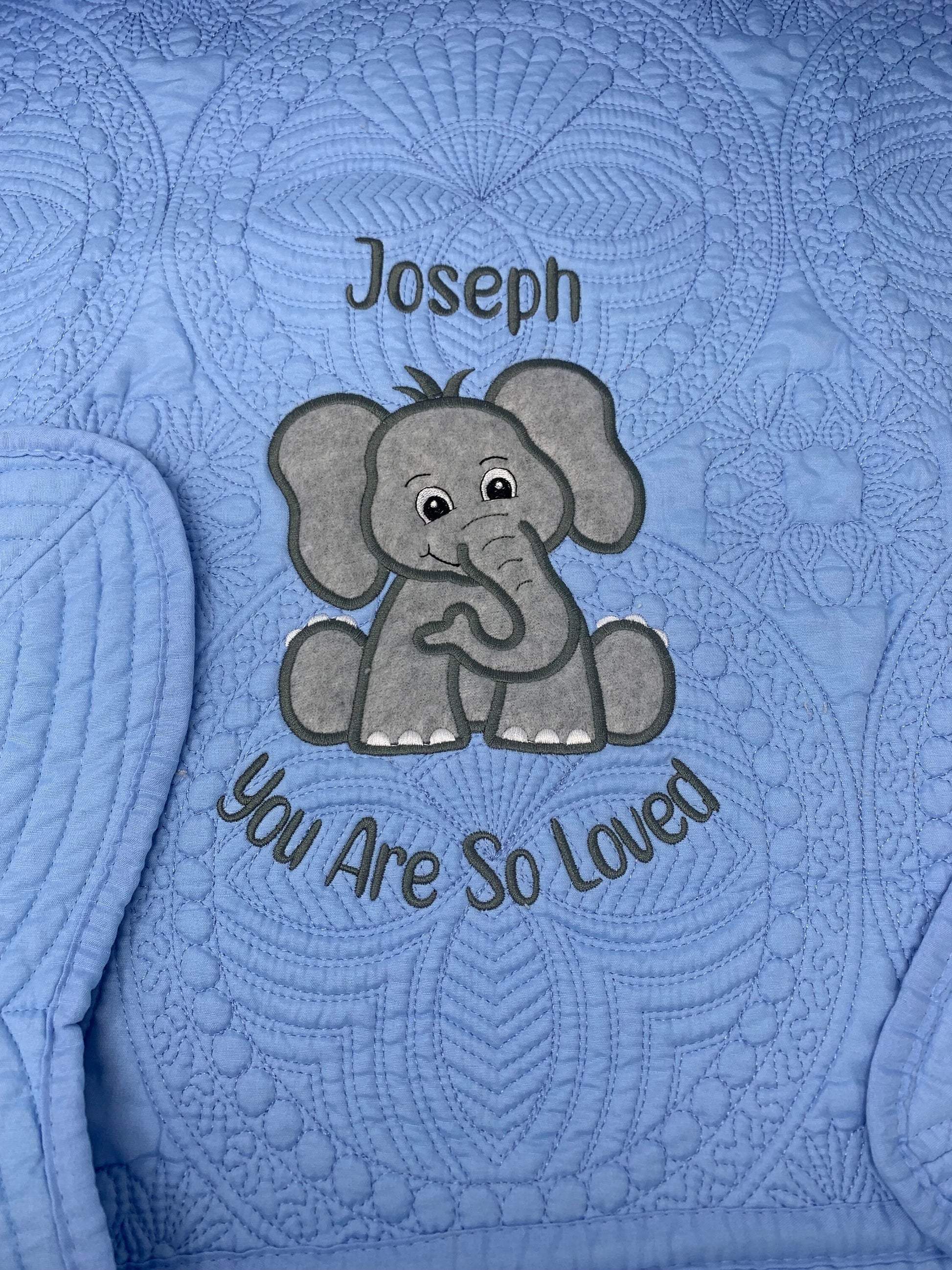 Blue Elephant Quilt, Personalized, Baby Elephant Blanket, Applique, Blue Quilt, Embroidered Name, Custom Baby Quilt