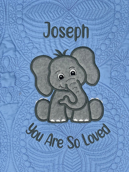 Blue Elephant Quilt, Personalized, Baby Elephant Blanket, Applique, Blue Quilt, Embroidered Name, Custom Baby Quilt