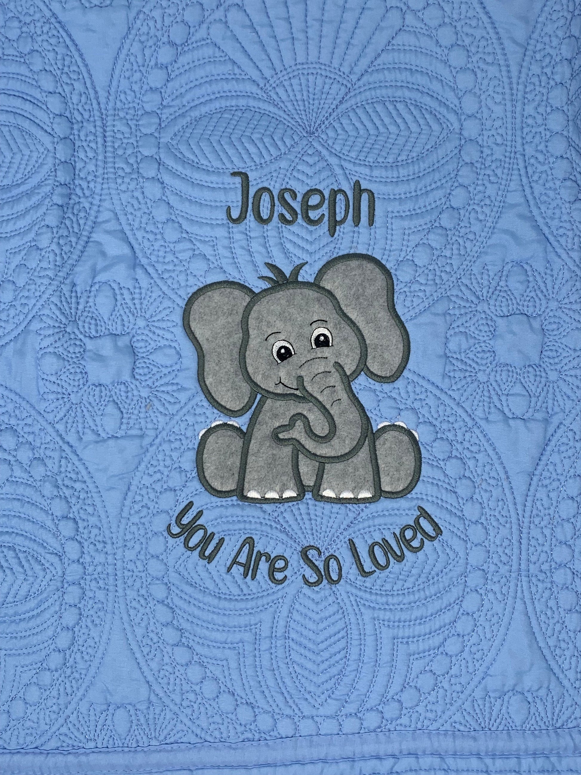 Blue Elephant Quilt, Personalized, Baby Elephant Blanket, Applique, Blue Quilt, Embroidered Name, Custom Baby Quilt