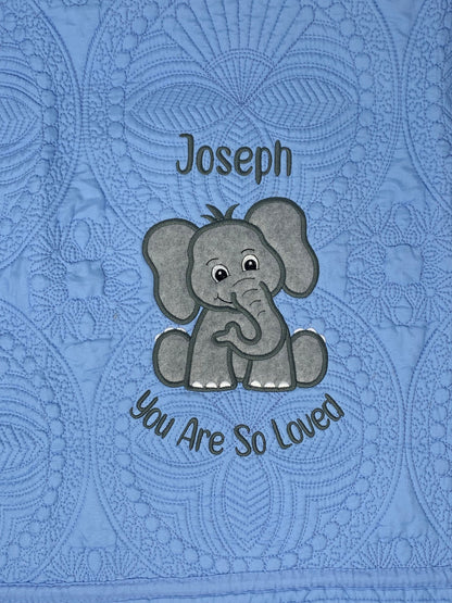 Blue Elephant Quilt, Personalized, Baby Elephant Blanket, Applique, Blue Quilt, Embroidered Name, Custom Baby Quilt