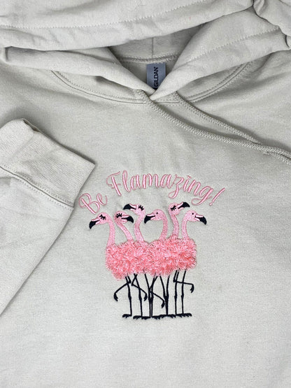 Flamingo Hoodie Sweatshirt, Woman's Beige Hoodie, Pink, Sand. Black