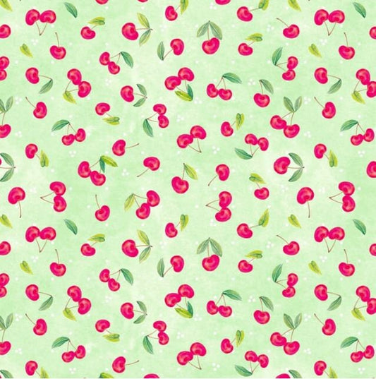 Red Cherries Yardage, Green, Squeeze the Day, Wilmington Prints