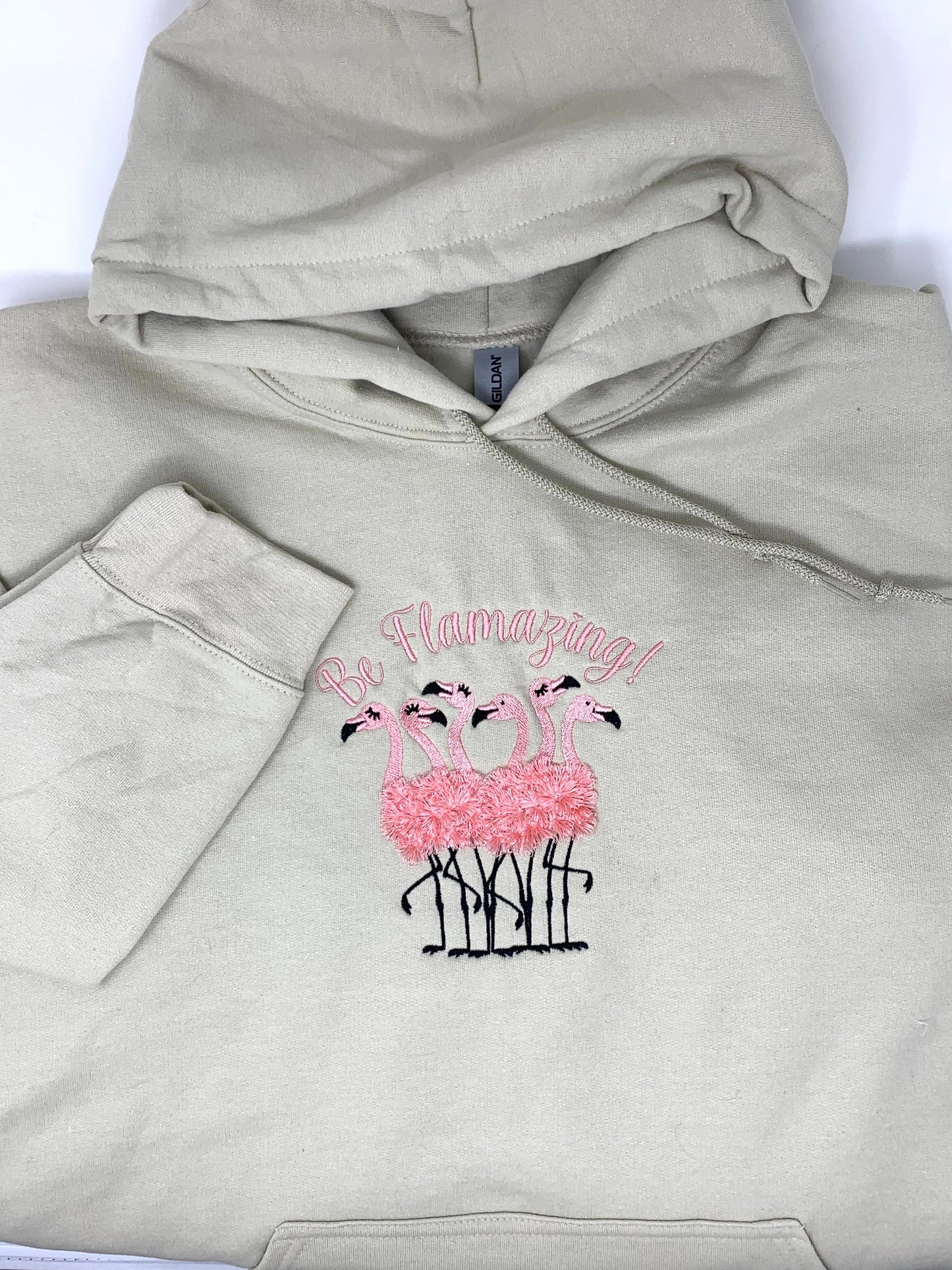 Flamingo Hoodie Sweatshirt, Woman's Beige Hoodie, Pink, Sand. Black