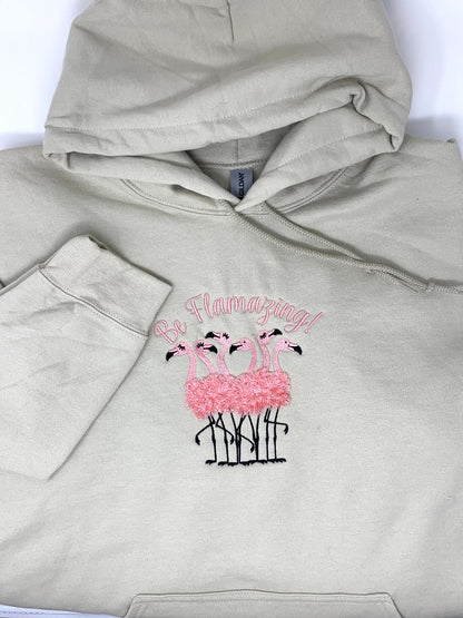 Flamingo Hoodie Sweatshirt, Woman's Beige Hoodie, Pink, Sand. Black