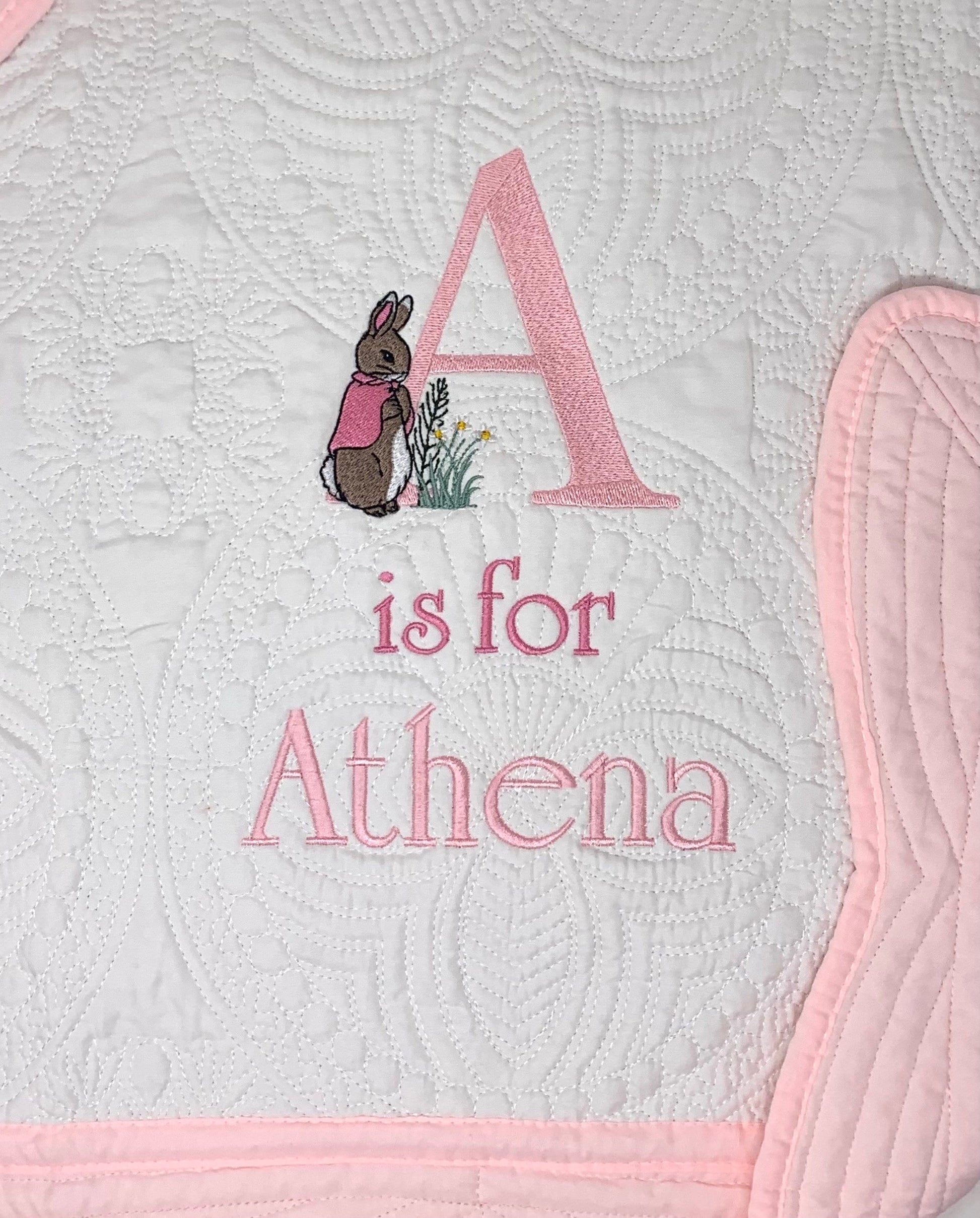 Bunny Baby Girl Quilt, Personalized, Baby Blanket, Pink Quilt, New Baby Gift, Embroidered Name, Custom Baby Quilt, Baby's Name