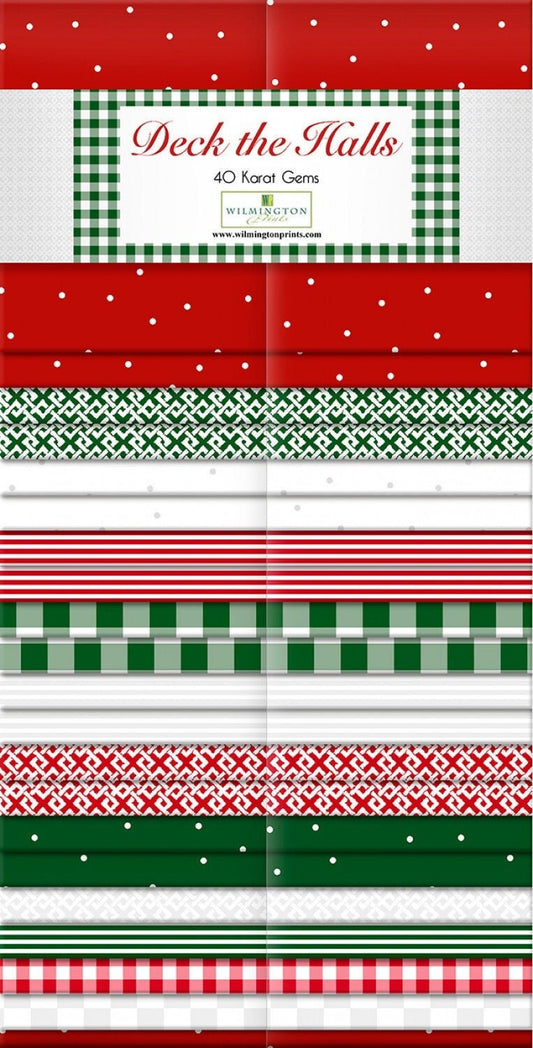 Christmas Fabric 2.5” Strips, Deck the Halls, green, red, cstripes, dots, squares, 40 Fabric Strips Total