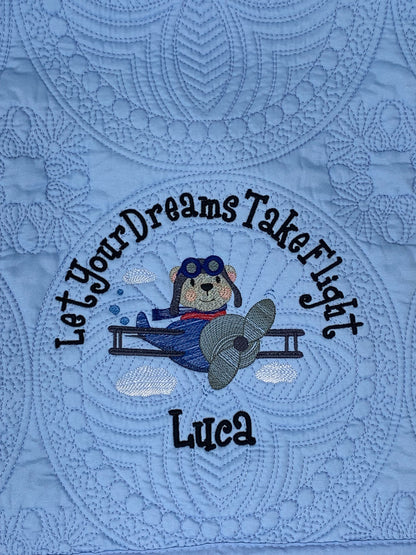 Blue Baby Boy Quilt, Personalized, Bear, Baby Blanket, Airplane, Aviator, Light Blue Quilt, Embroidered Name, Custom Baby Quilt