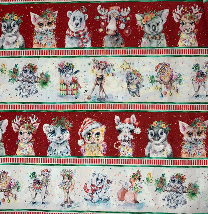 Little Darlings Character Border Stripe Christmas featuring owls, foxes, camels,polar and koala bears tangled in Christmas lights.