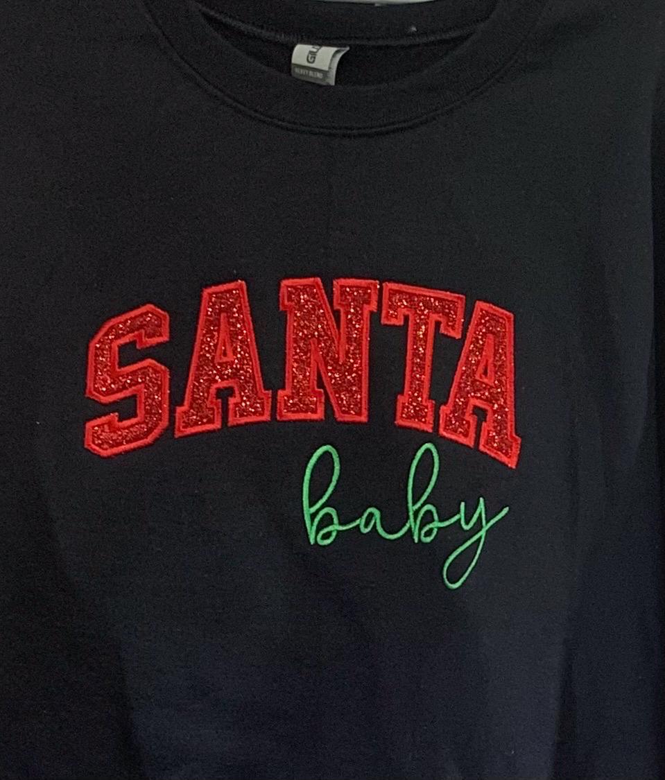 Christmas Santa Baby, Black, Red Glitter, Crew Neck Sweat Shirt- Free Shipping