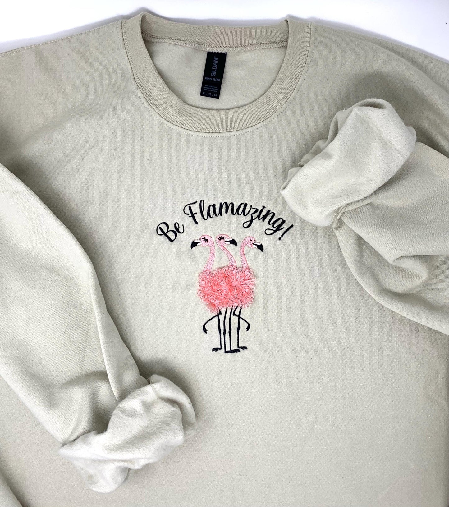 Flamingo Trio Embroidered Crew Neck Sweatshirt, Woman's Beige Sand, Pink, Black