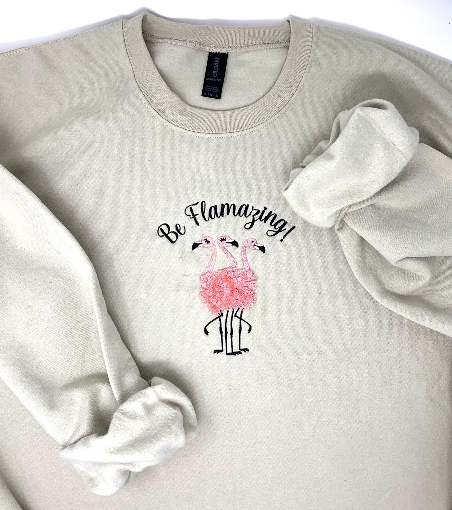 Flamingo Trio Embroidered Crew Neck Sweatshirt, Woman's Beige Sand, Pink, Black