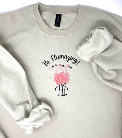 Flamingo Trio Embroidered Crew Neck Sweatshirt, Woman's Beige Sand, Pink, Black