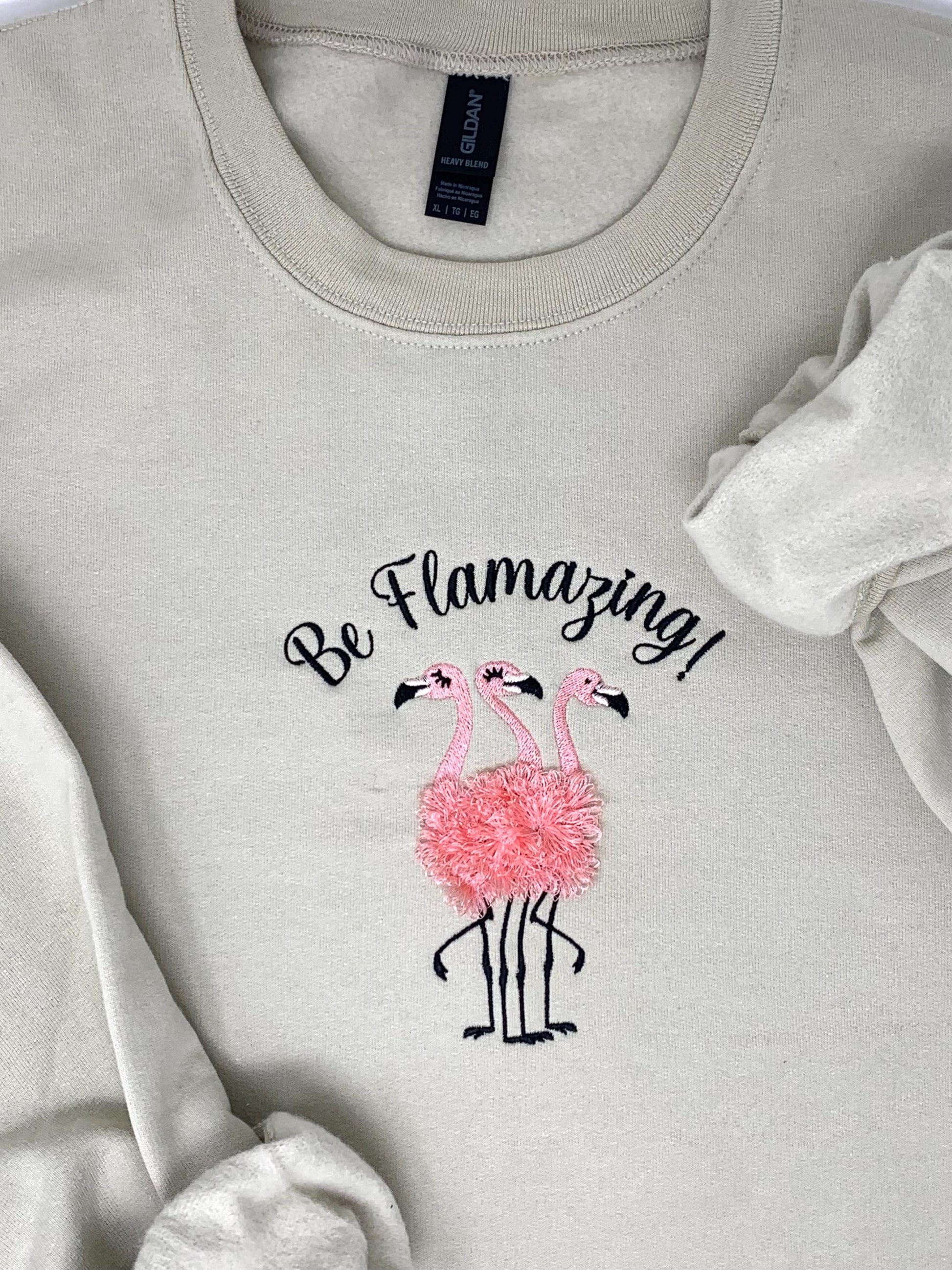 Flamingo Trio Embroidered Crew Neck Sweatshirt, Woman's Beige Sand, Pink, Black