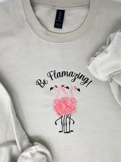 Flamingo Trio Embroidered Crew Neck Sweatshirt, Woman's Beige Sand, Pink, Black