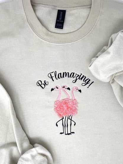 Flamingo Trio Embroidered Crew Neck Sweatshirt, Woman's Beige Sand, Pink, Black