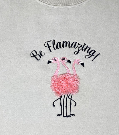 Flamingo Trio Embroidered Crew Neck Sweatshirt, Woman's Beige Sand, Pink, Black