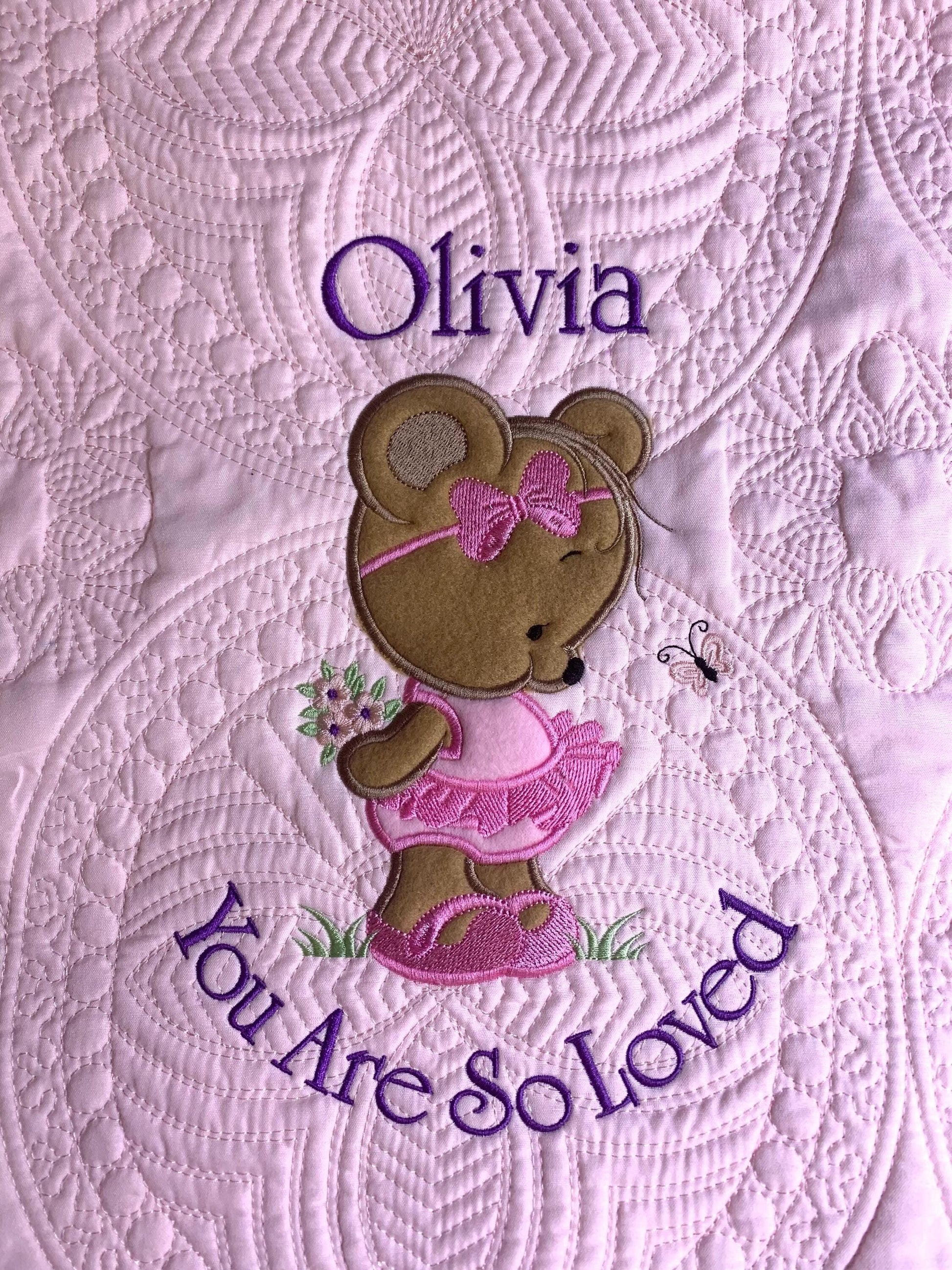 Sweet ballerina bear applique on pink baby girl, heirloom quilt.