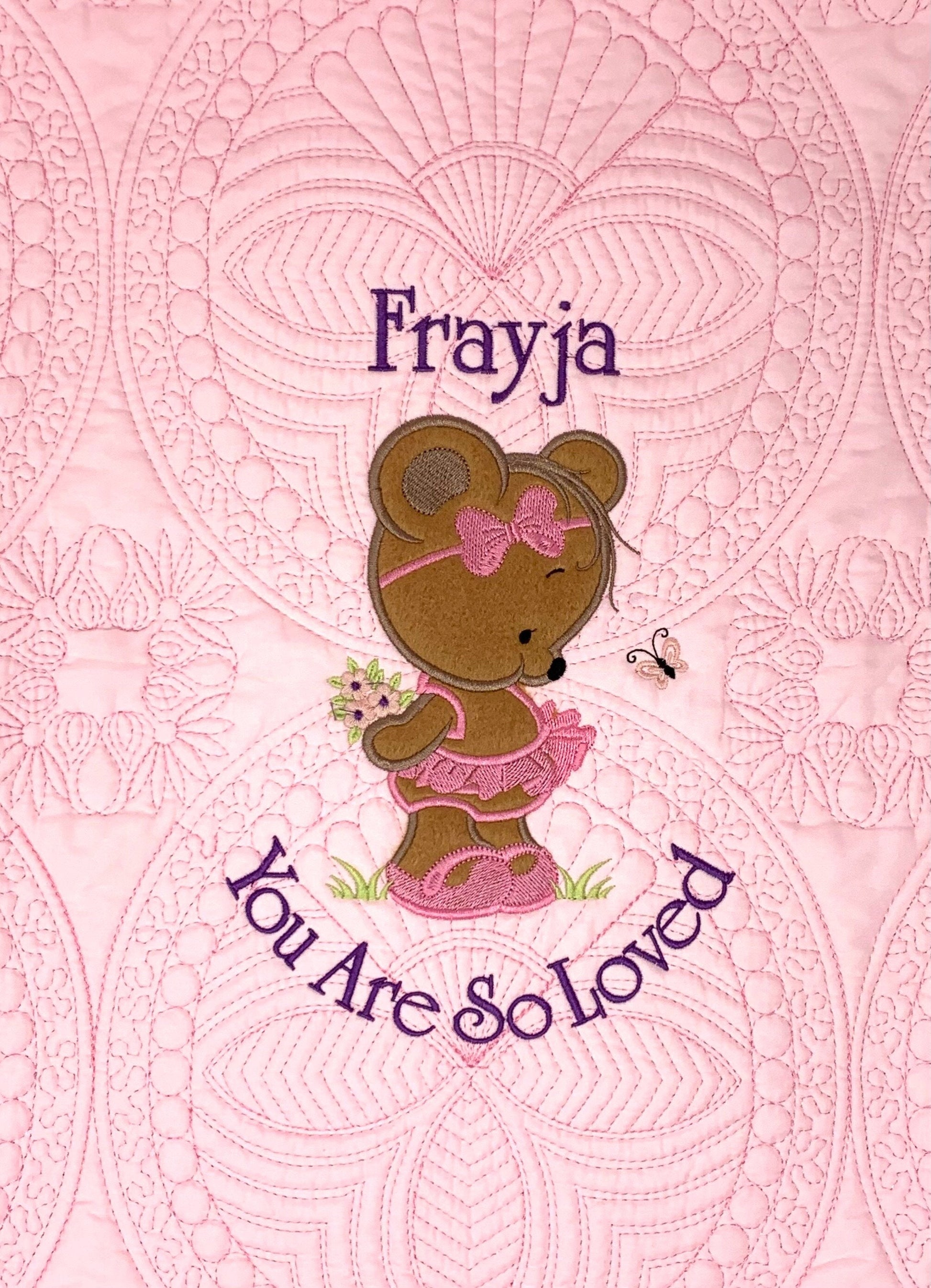Baby Girl Quilt, Personalized, Applique Bear, Ballet Baby Blanket, Pink Quilt, New Baby Gift, Embroidered Name, Custom Baby Quilt
