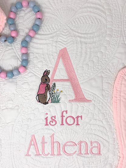 Bunny Baby Girl Quilt, Personalized, Baby Blanket, Pink Quilt, New Baby Gift, Embroidered Name, Custom Baby Quilt, Baby's Name