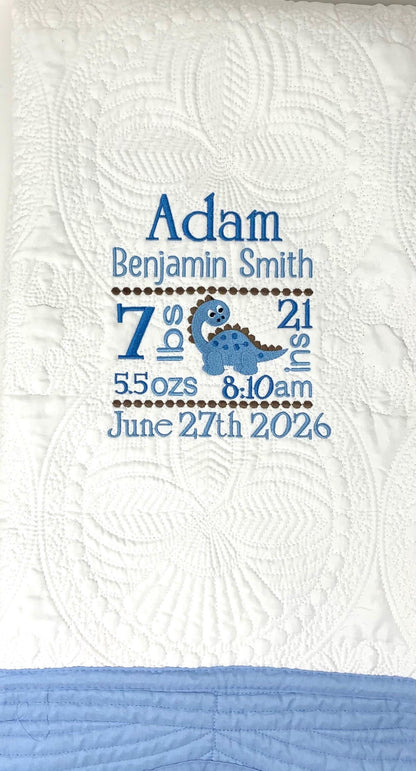 Baby Boy Quilt, Personalized, Baby Birth Statistics, Baby Blanket, Blue Quilt, New Baby Gift, Embroidered Name, Custom Baby Quilt