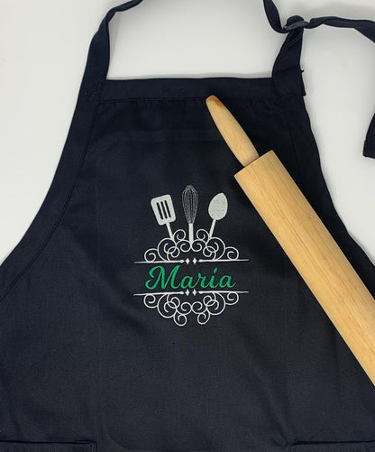 Apron, Chef, Cook, Personalized Custom Apron, Kitchen Apron, Split Utensils, Black, Blue, Red, White Apron, Embroidered, Personalized Gift