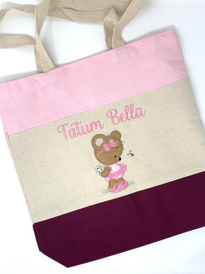 Girl Tote Bag, Ballerina Bear applique, Personalized, Canvas Tote, Baby Bag, Book Bag Tote