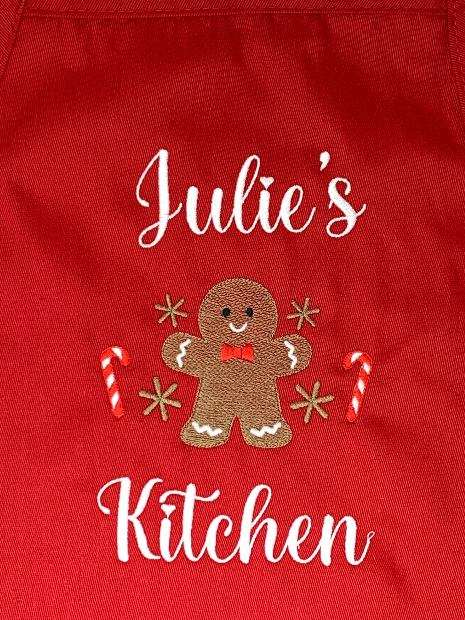 Christmas Gingerbread Apron, Red Apron, Embroidered, Personalized, Kitchen Apron