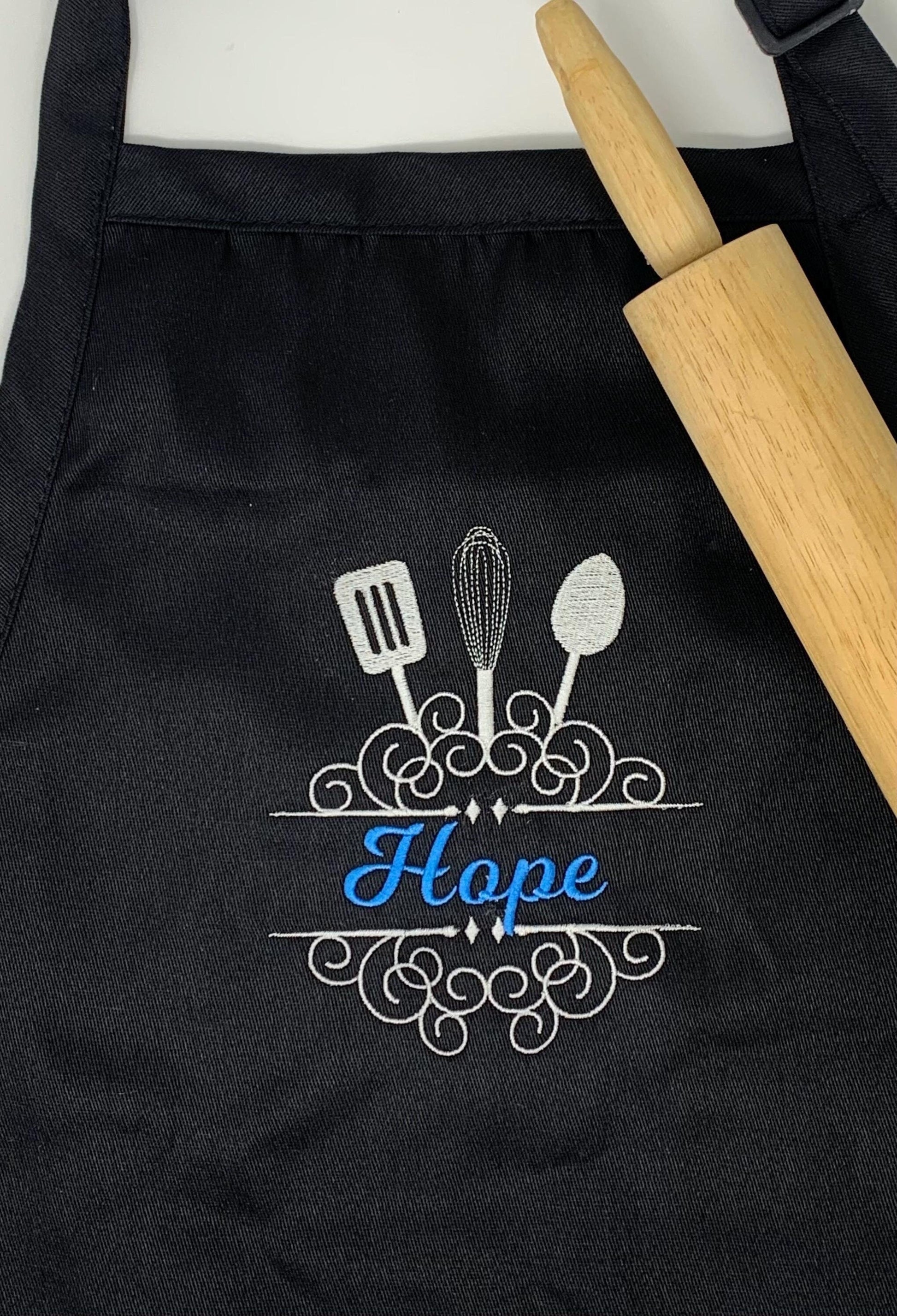 Black personalized apron.