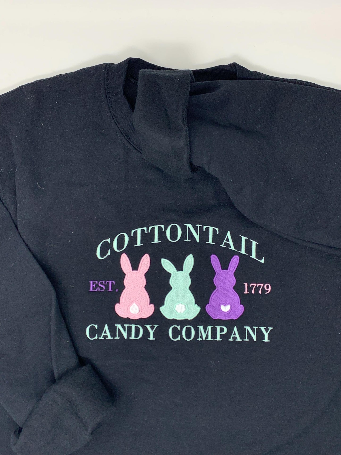 Bunny Easter Cottontail Candy Co Sweatshirt, Black Sweatshirt, Embroidered