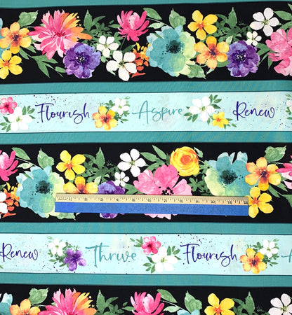 Floral Party Border Stripe, Teal Blue, Pink, Flower Stripe, Wilmington Prints