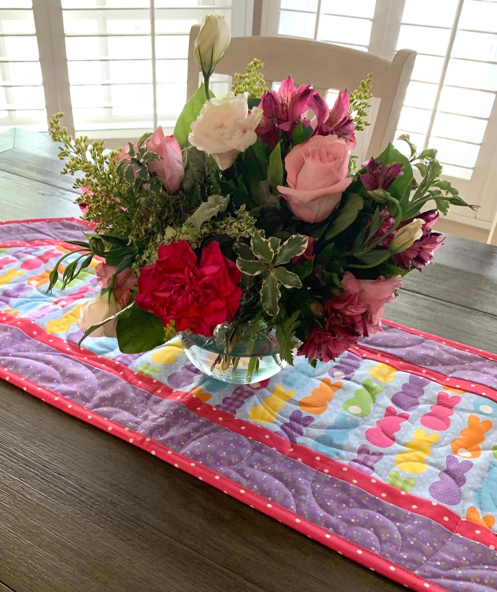 Easter Bunny Peeps Table Runner Quilt, Spring Quilt, Purple, Pink, Yellow, Green, Handmade Quilt