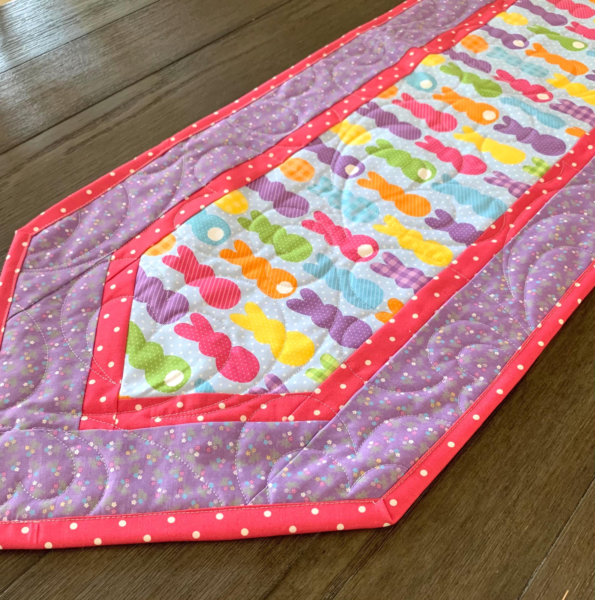 Easter Bunny Peeps Table Runner Quilt, Spring Quilt, Purple, Pink, Yellow, Green, Handmade Quilt
