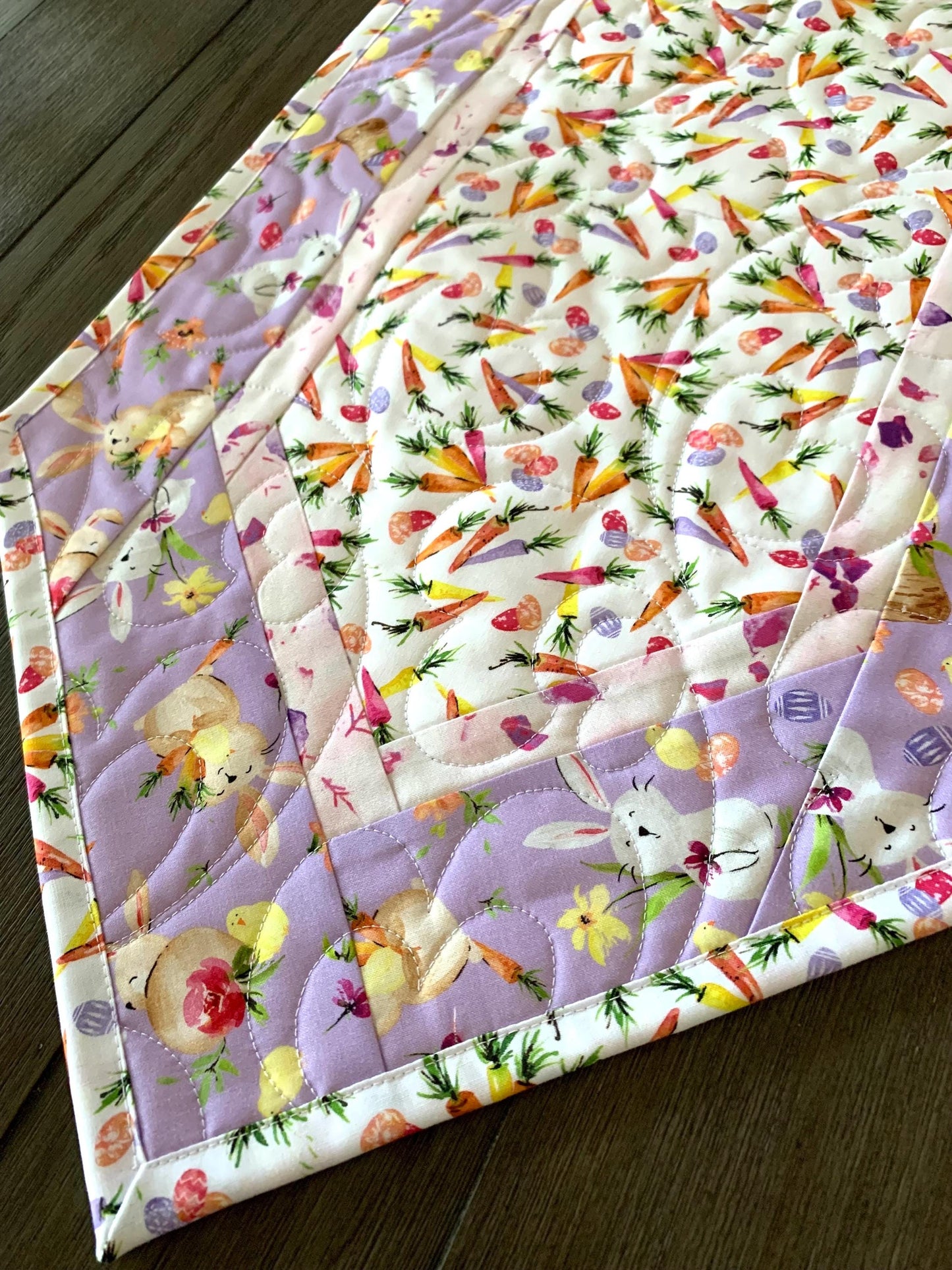Easter Table Runner Quilt, Spring Quilt, Carrots, Bunnies, Purple, Yellow, Green, Handmade Quilt