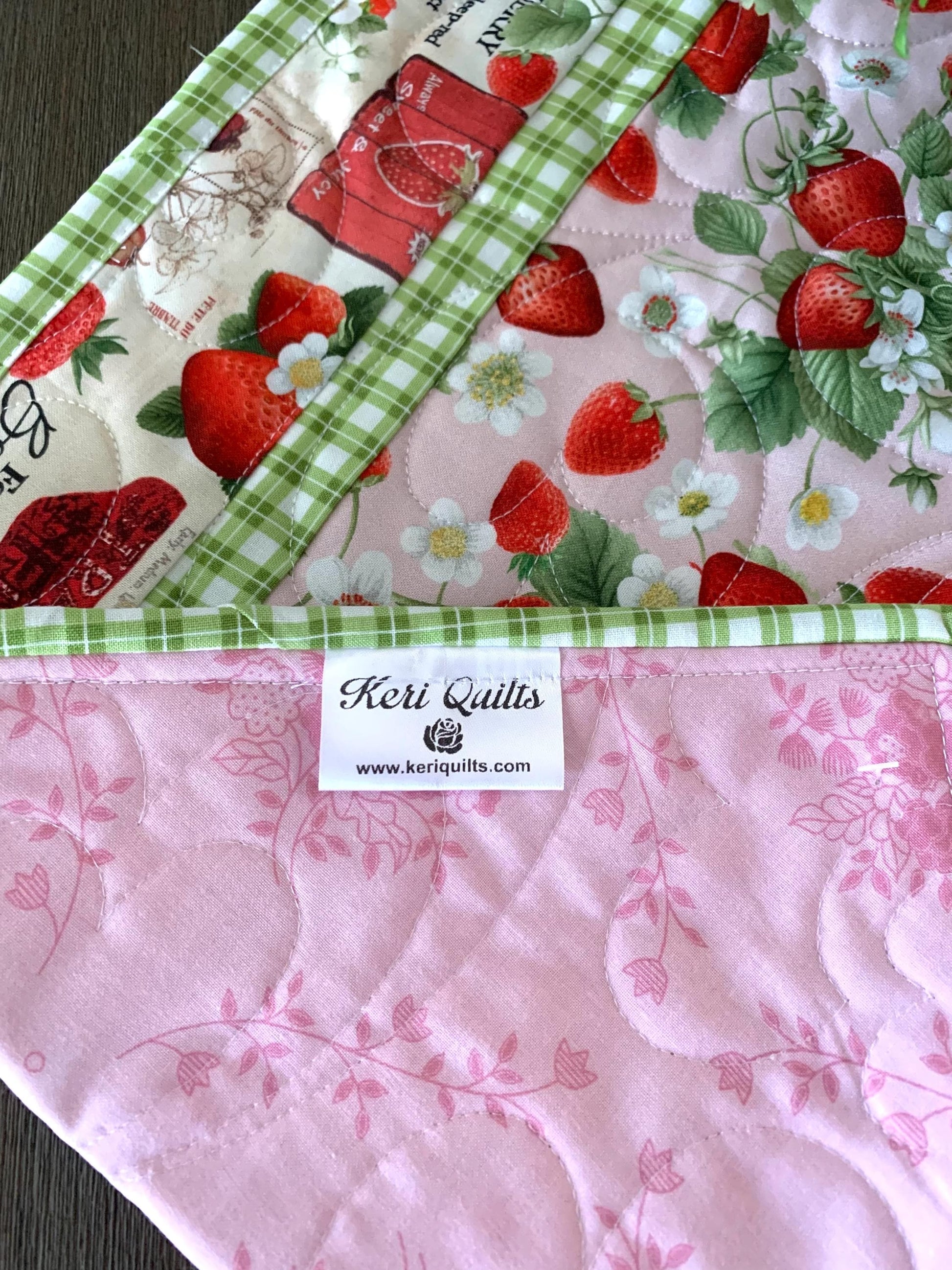 Strawberry Table Runner Quilt, Spring Quilt, Red, Green, Pink, Strawberries, Market, Handmade Quilt
