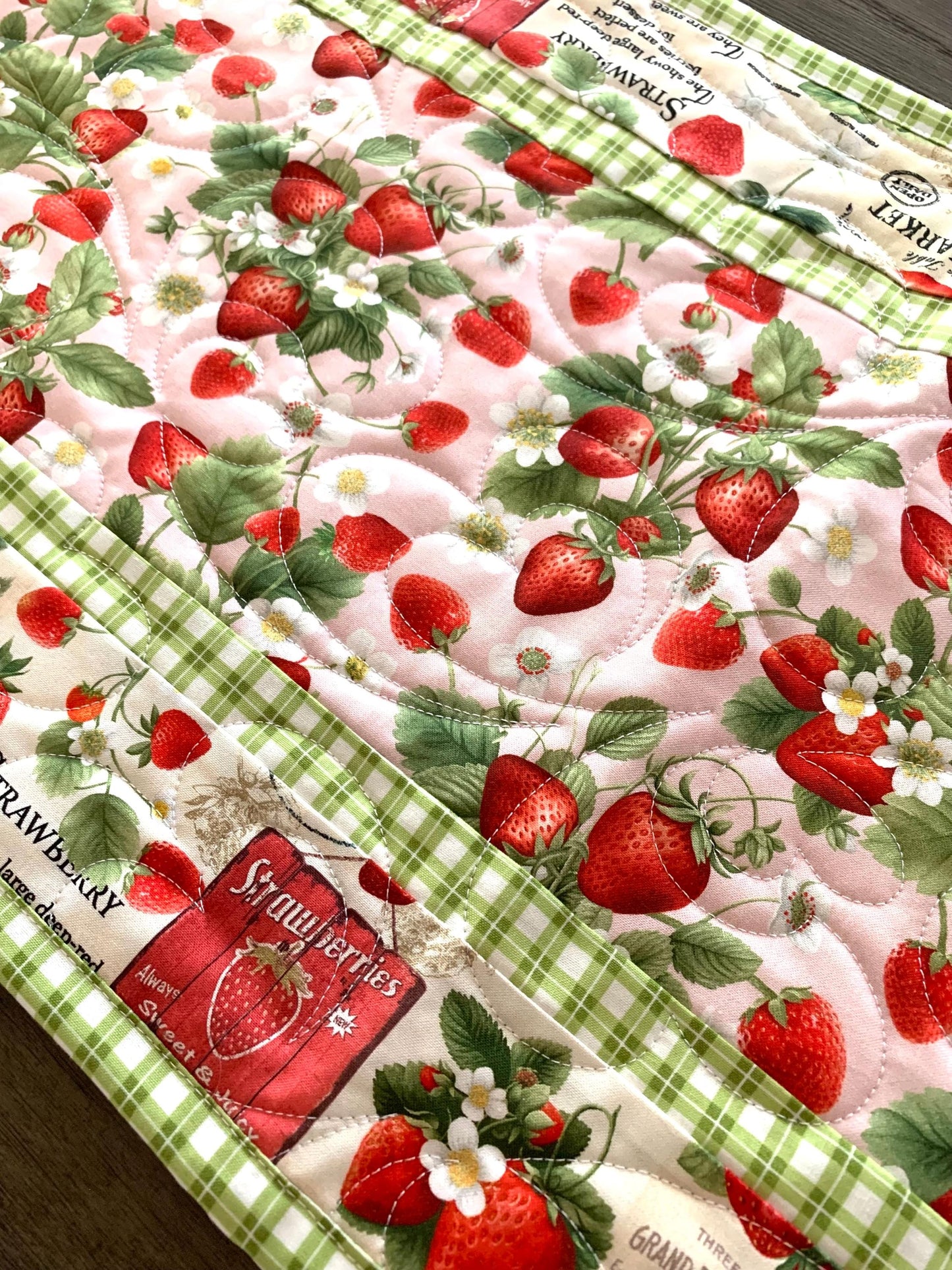 Strawberry Table Runner Quilt, Spring Quilt, Red, Green, Pink, Strawberries, Market, Handmade Quilt