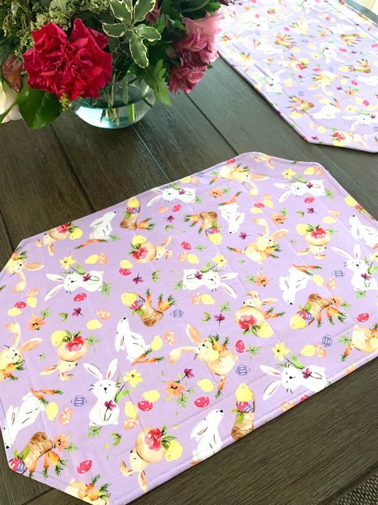 Easter Bunny Placemat Sets, Qulted Place Mats, Octagon Shape, Lavender, Purple, Bunnies, Easter eggs