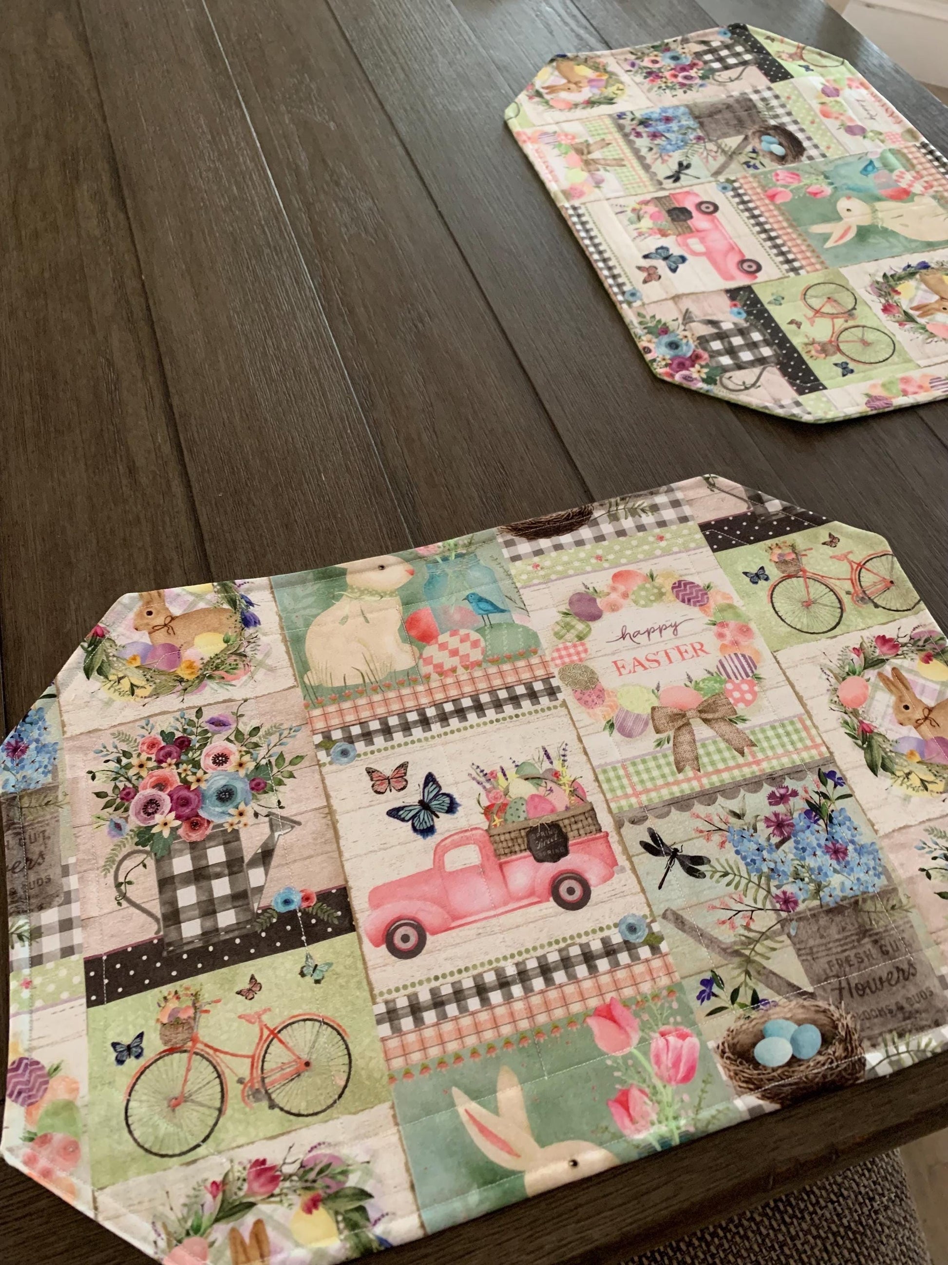 Easter Patchwork Placemat Set, Qulted Place Mats, Octagon Shape, Pink, Green, Bunnies, Trucks