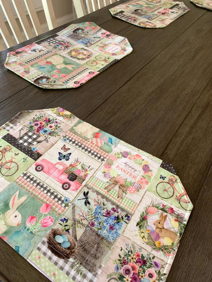 Easter Patchwork Placemat Set, Qulted Place Mats, Octagon Shape, Pink, Green, Bunnies, Trucks