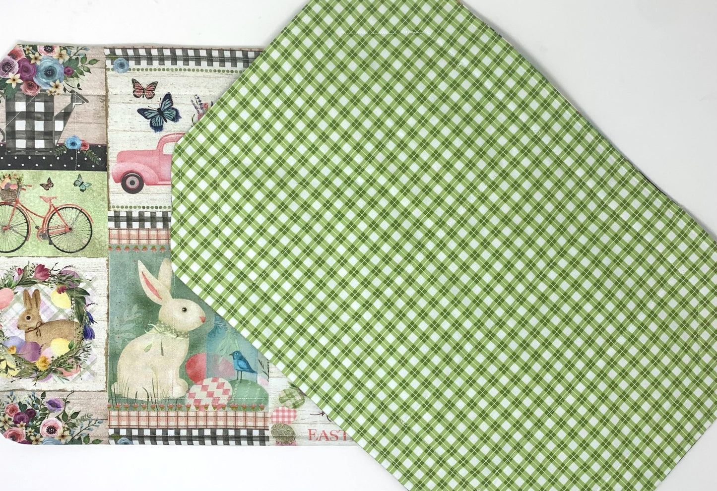Easter Patchwork Placemat Set, Qulted Place Mats, Octagon Shape, Pink, Green, Bunnies, Trucks