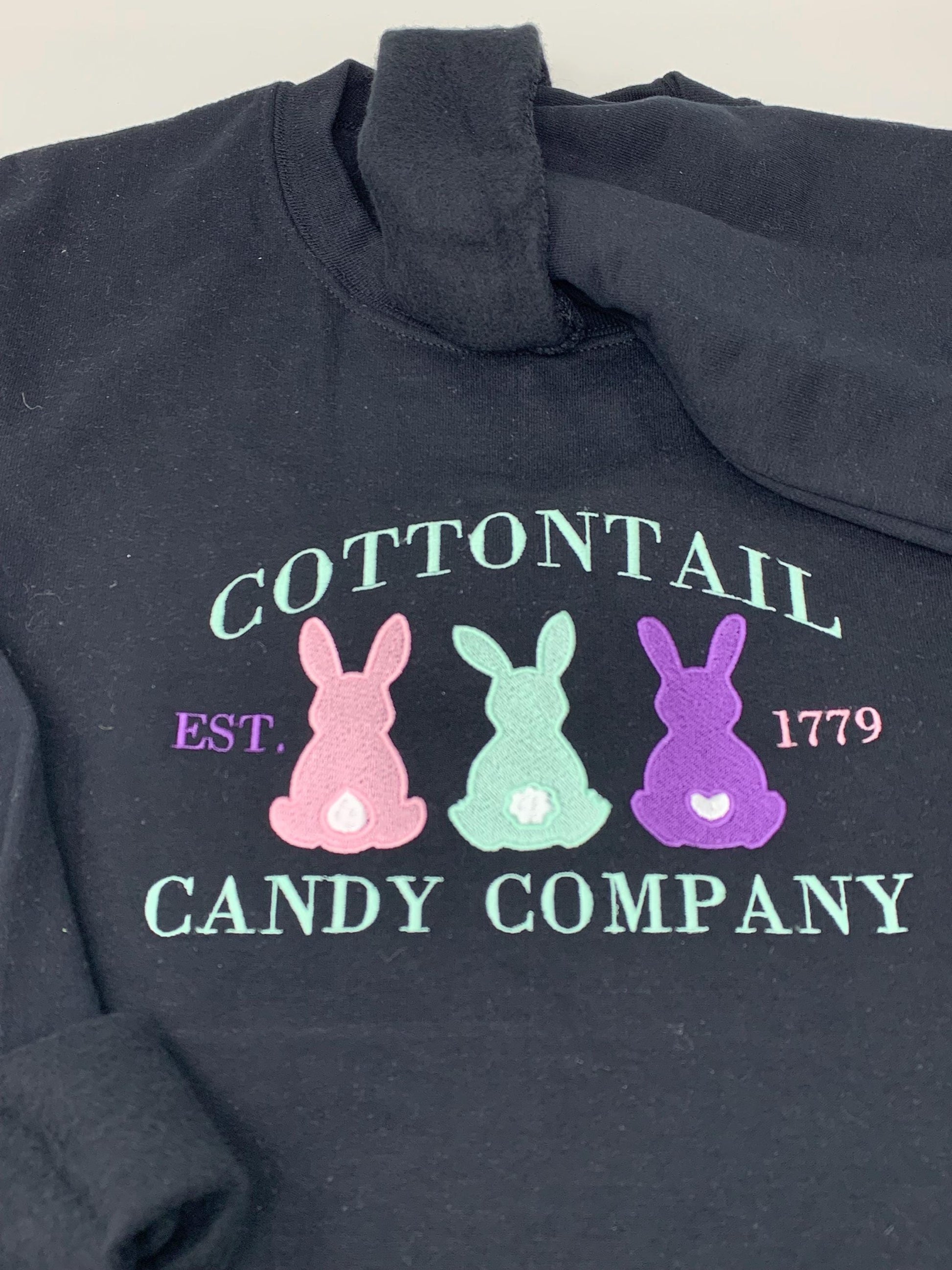 Bunny Easter Cottontail Candy Co Sweatshirt, Black Sweatshirt, Embroidered