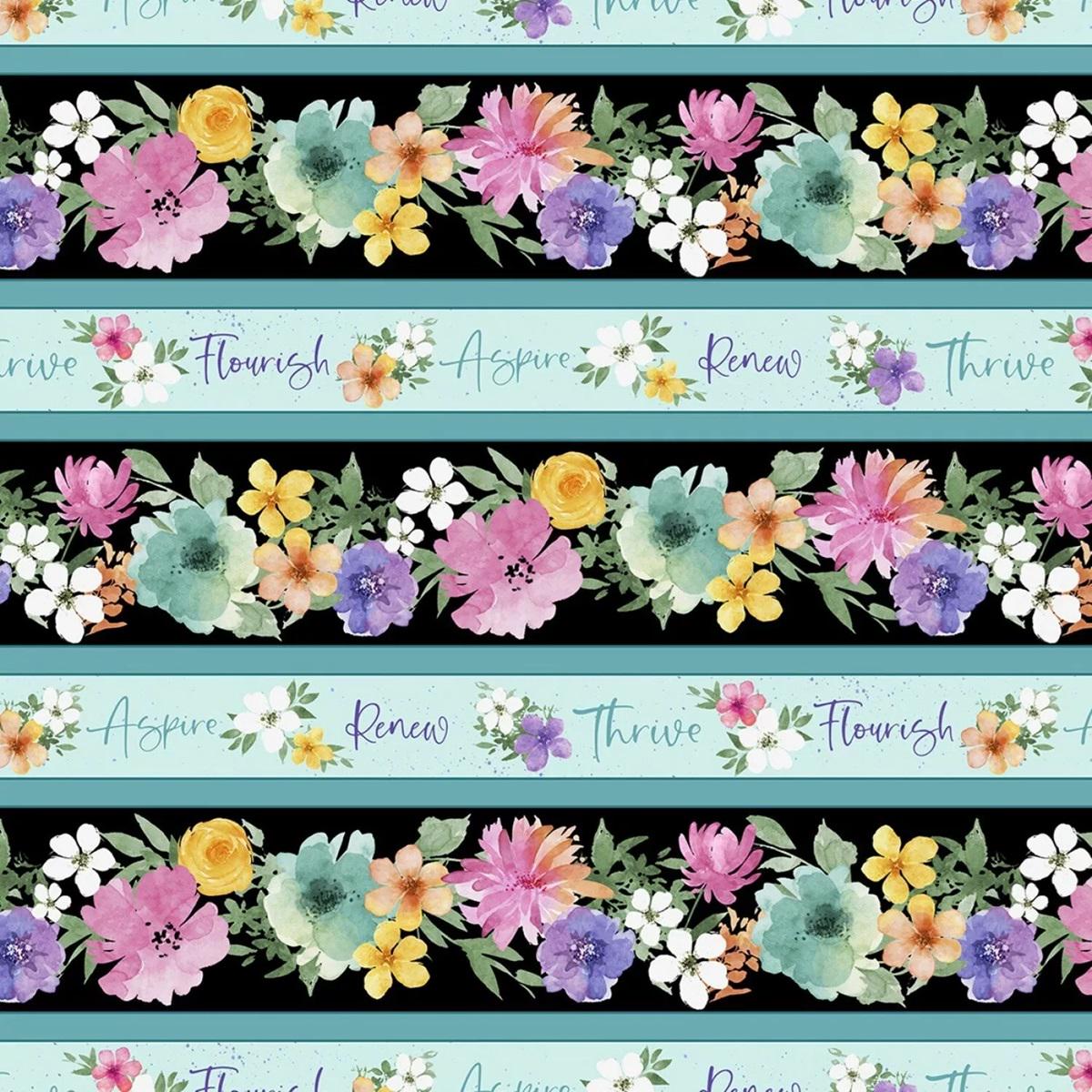 Floral Party Border Stripe, Teal Blue, Pink, Flower Stripe, Wilmington Prints