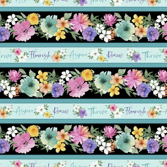 Floral Party Border Stripe, Teal Blue, Pink, Flower Stripe, Wilmington Prints