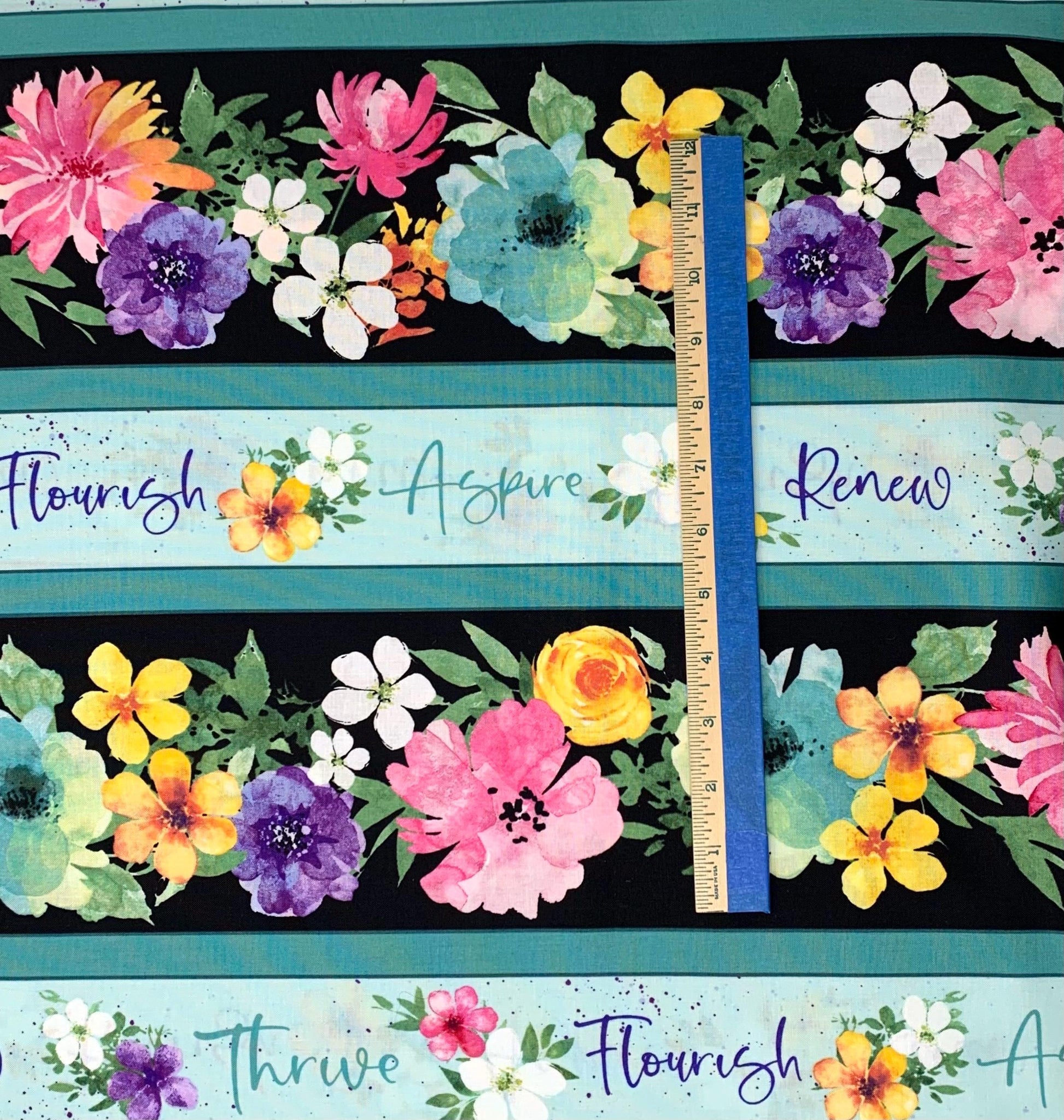 Floral Party Border Stripe, Teal Blue, Pink, Flower Stripe, Wilmington Prints