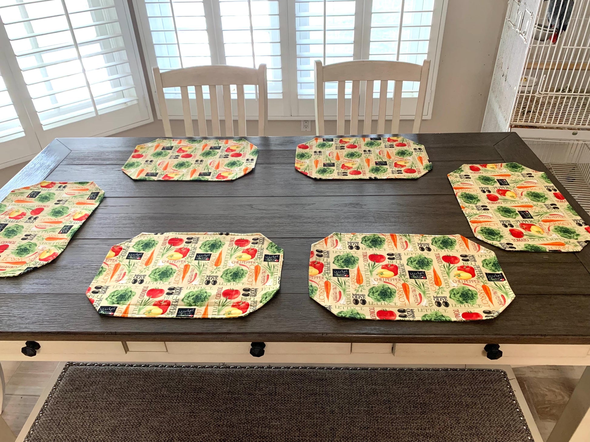 Veggie Placemat Set, Qulted Place Mats, Octagon Shape, Vegetables, Beige, Red, Green