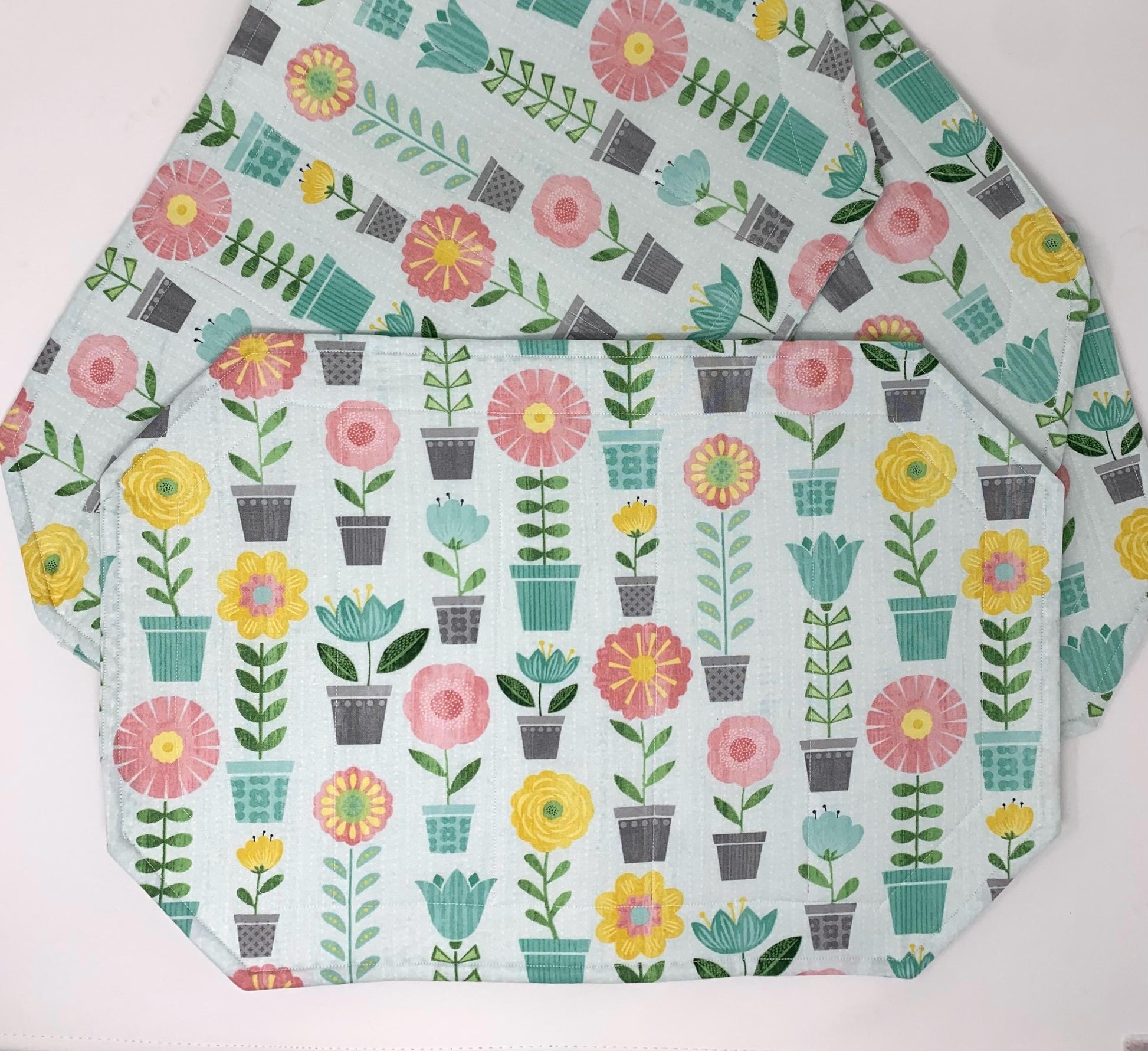 Plants Placemat Set, Qulted Place Mats, Octagon Shape, Potted Plants, Blue