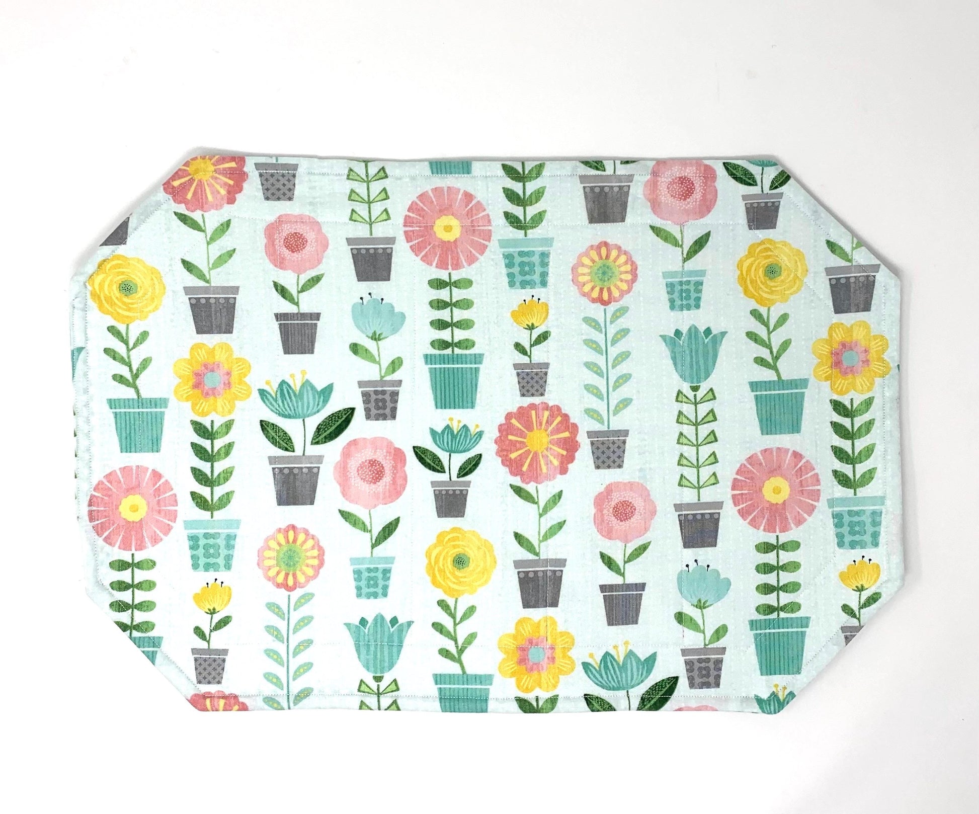 Plants Placemat Set, Qulted Place Mats, Octagon Shape, Potted Plants, Blue