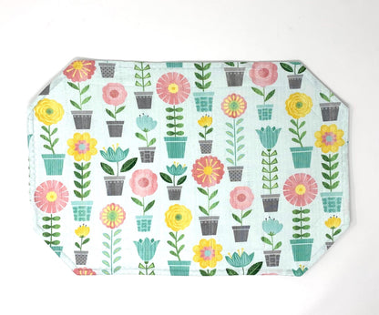 Plants Placemat Set, Qulted Place Mats, Octagon Shape, Potted Plants, Blue