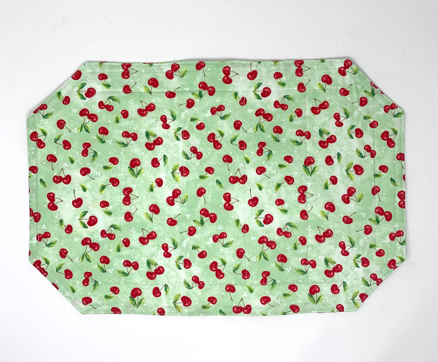 Cherries Placemat Set, Qulted Place Mats, Octagon Shape, Red Cherries on Green