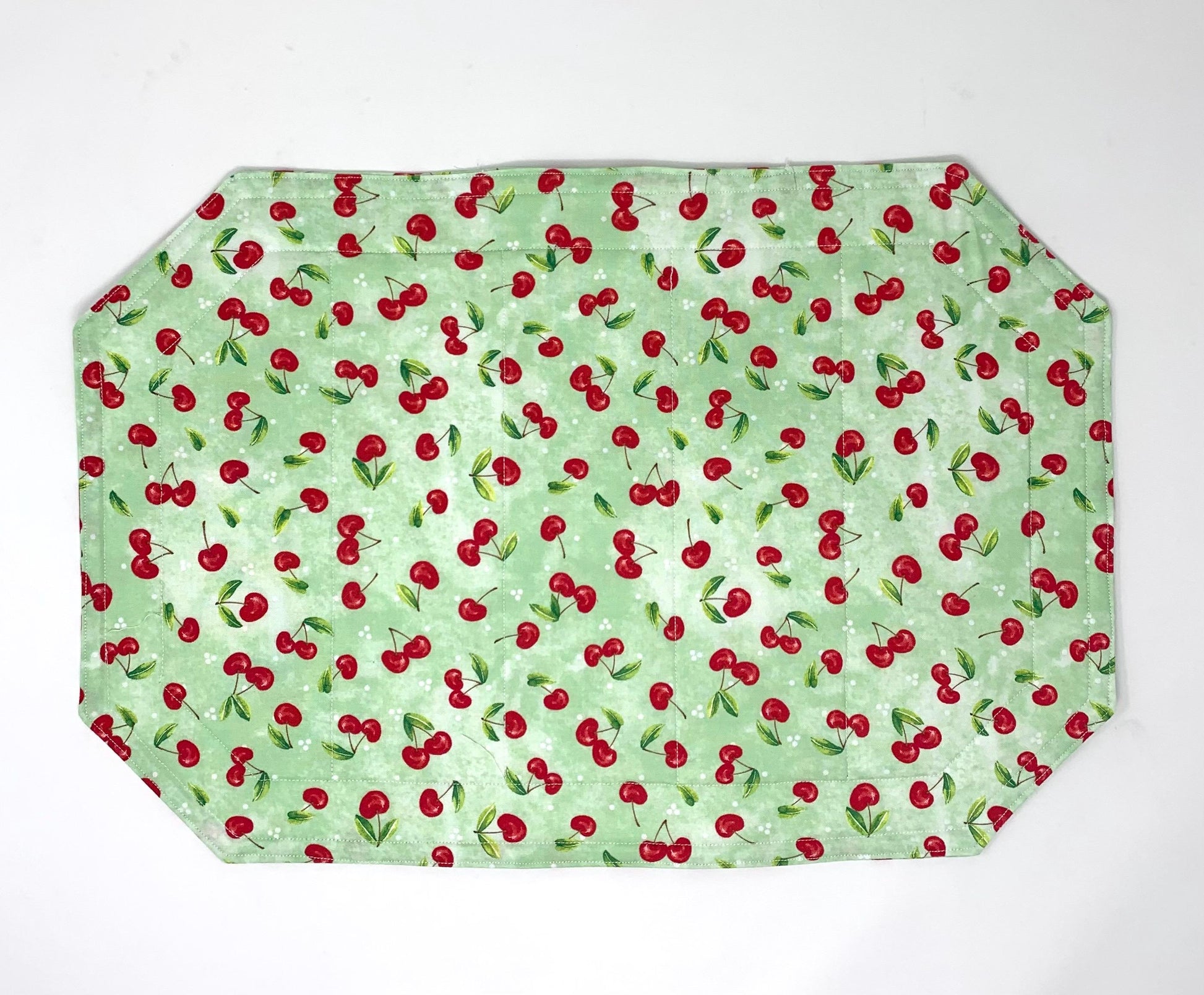 Cherries Placemat Set, Qulted Place Mats, Octagon Shape, Red Cherries on Green