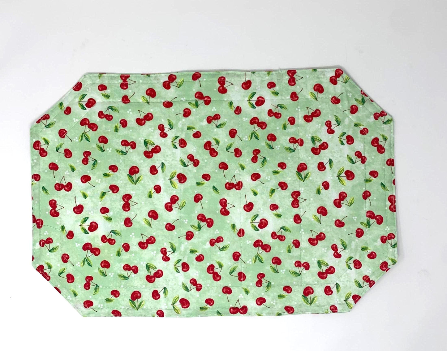 Cherries Placemat Set, Qulted Place Mats, Octagon Shape, Red Cherries on Green